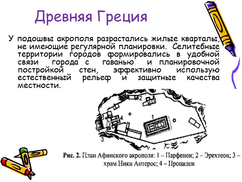 Древняя Греция У подошвы акрополя разрастались жилые кварталы, не имеющие регулярной планировки.  Селитебные